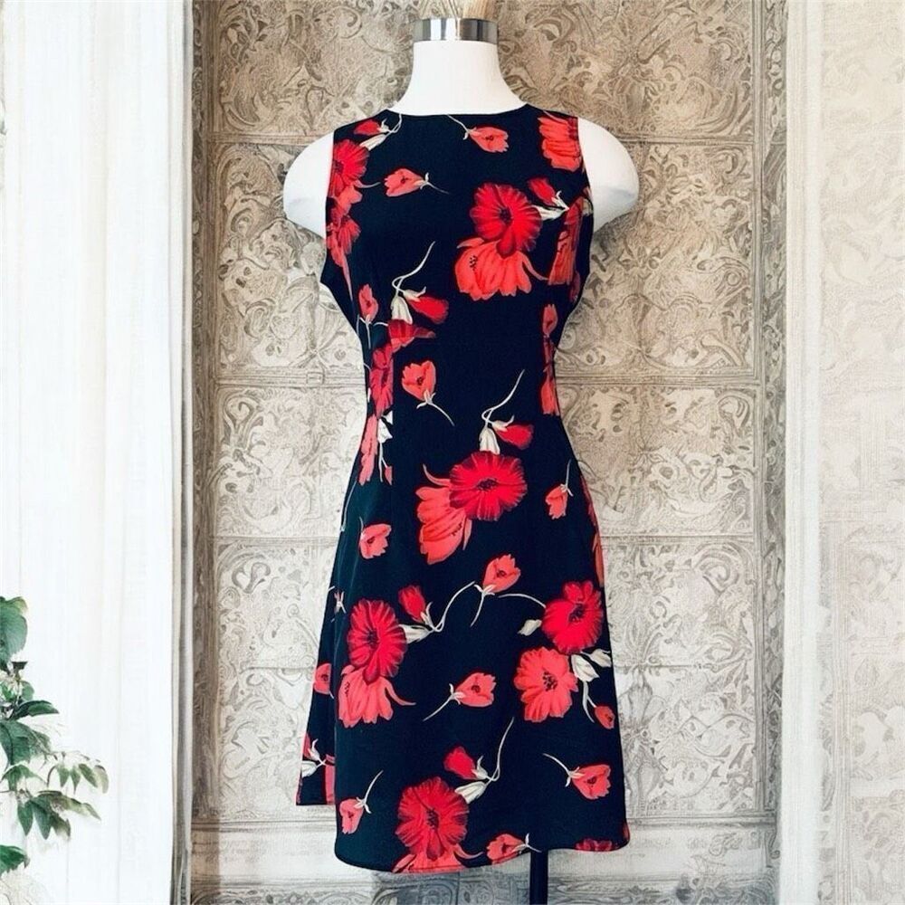 Vintage Navy Mini Dress with Red Floral Print